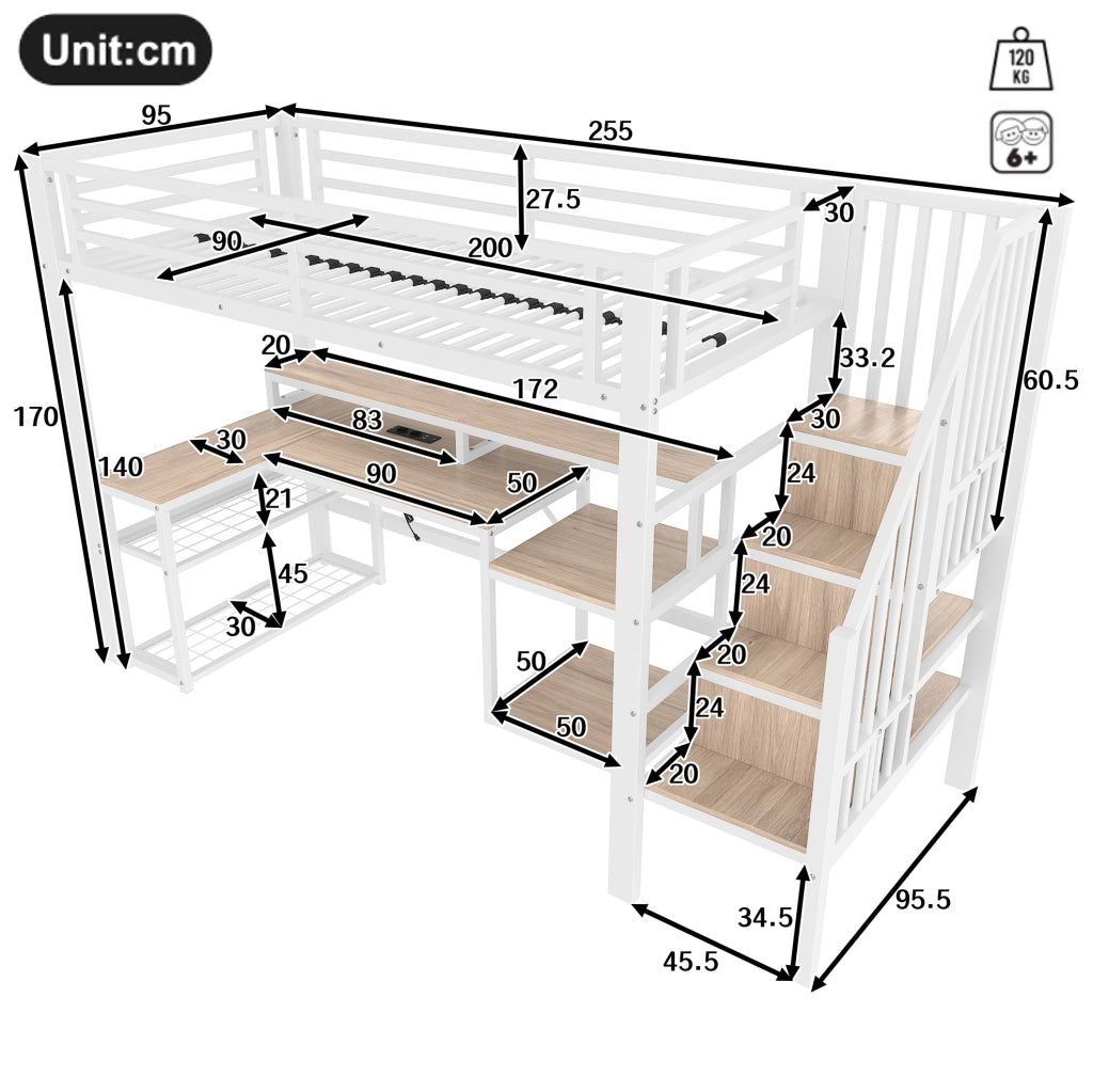 Letto a soppalco 90x200 cm con scrivania, LED e USB, struttura in metallo bianca