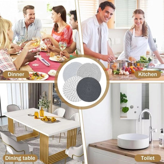Set di 4 piedini rotondi da 18 cm - Tela di cotone intrecciata per cucina - Piatti, padelle, pentole e bicchieri - Grigio