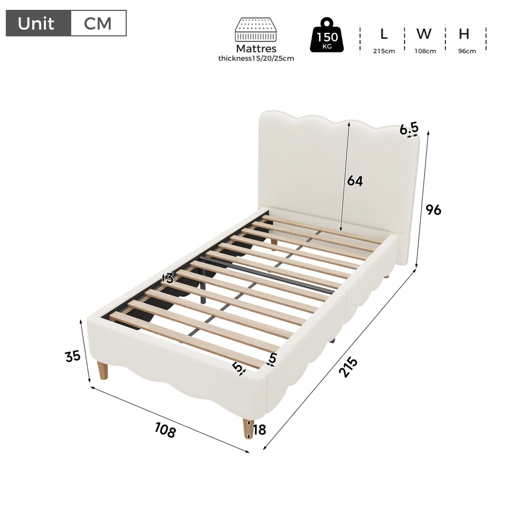 LETTO 90x200 cm per bambini in bouclé bianco con rete a doghe