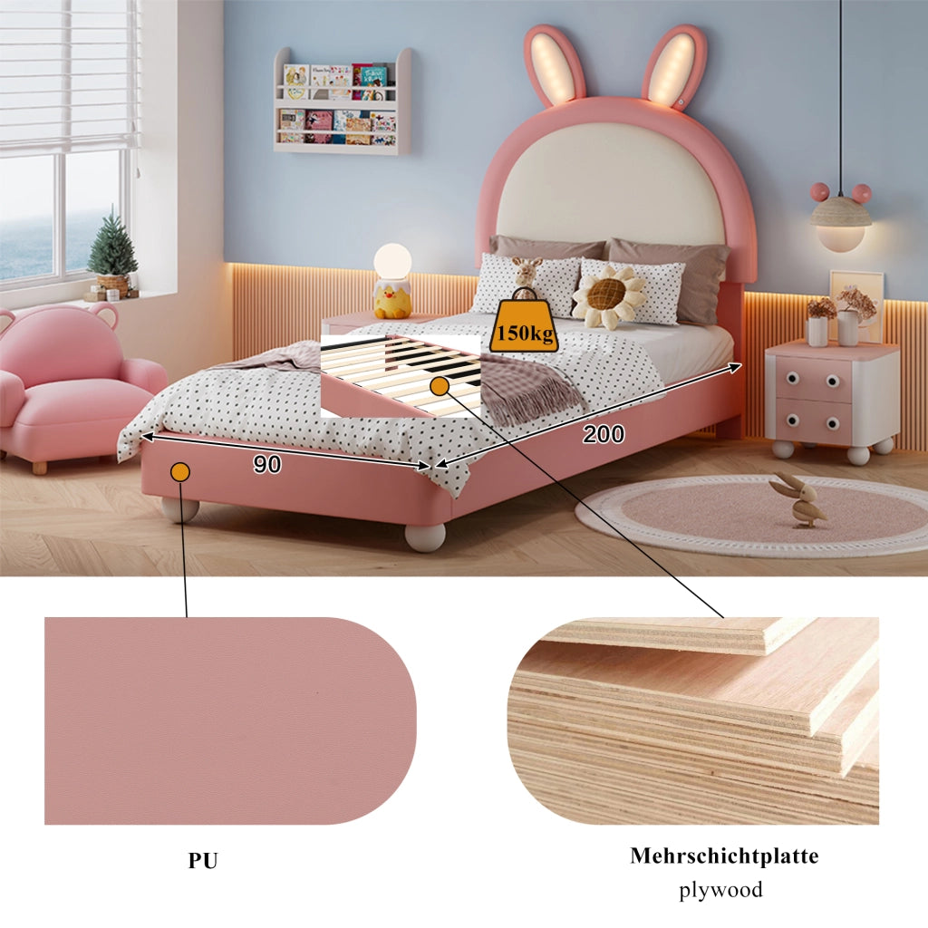 LETTO imbottito 90x200 cm in PU Rosa con testiera a forma di coniglio e LED