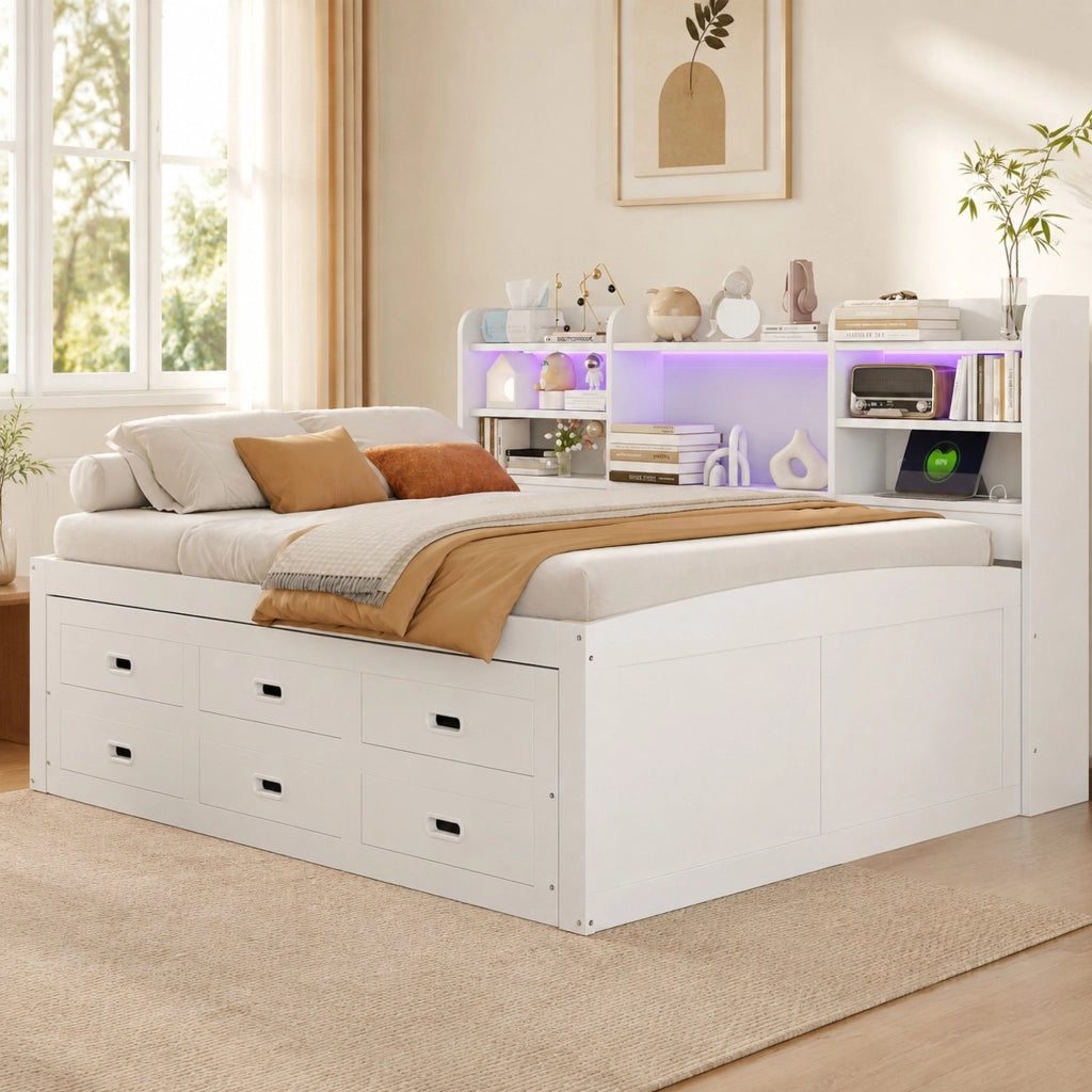 Letto multifunzionale estraibile 140x200 cm con LED, USB+Type-C, 3 cassetti e bianco