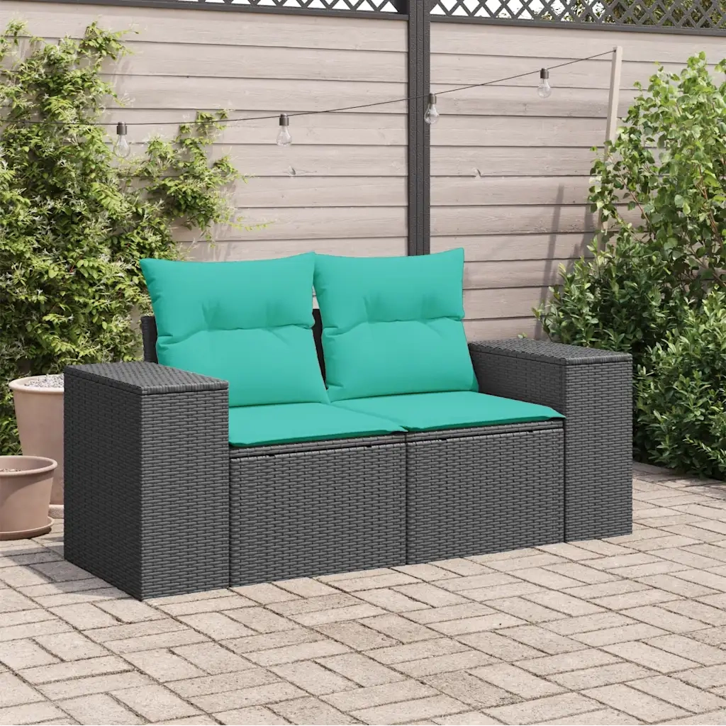 Divano da Giardino con Cuscini a 2 Posti Nero in Polyrattan 366046