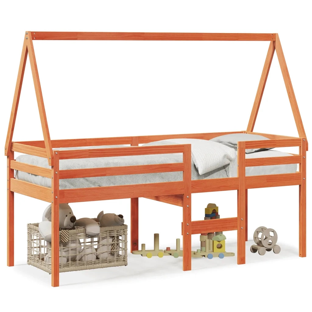 Letto a Soppalco con Tetto Cera 80x200 cm in Legno di Pino
