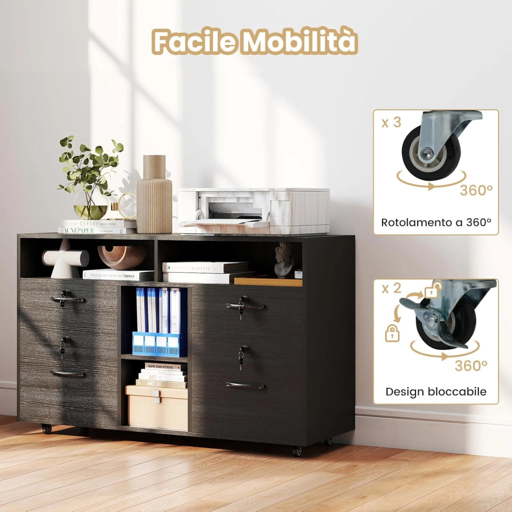 Armadietto Portadocumenti, Mobile da Ufficio Laterale con 4 Cassetti Adatto per File Formato A4/Lettera e 5 Ruote Universali Bloccabili, Credenza in Metallo per Scrivania (Nero)