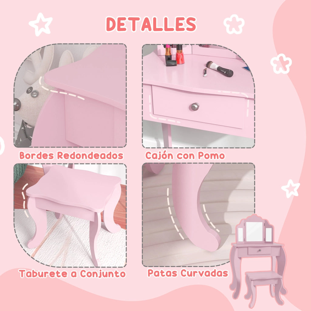 Tocador per bambini con cassetto e specchio regolabile ¨C zephmum ¨C rosa 3-6 anni