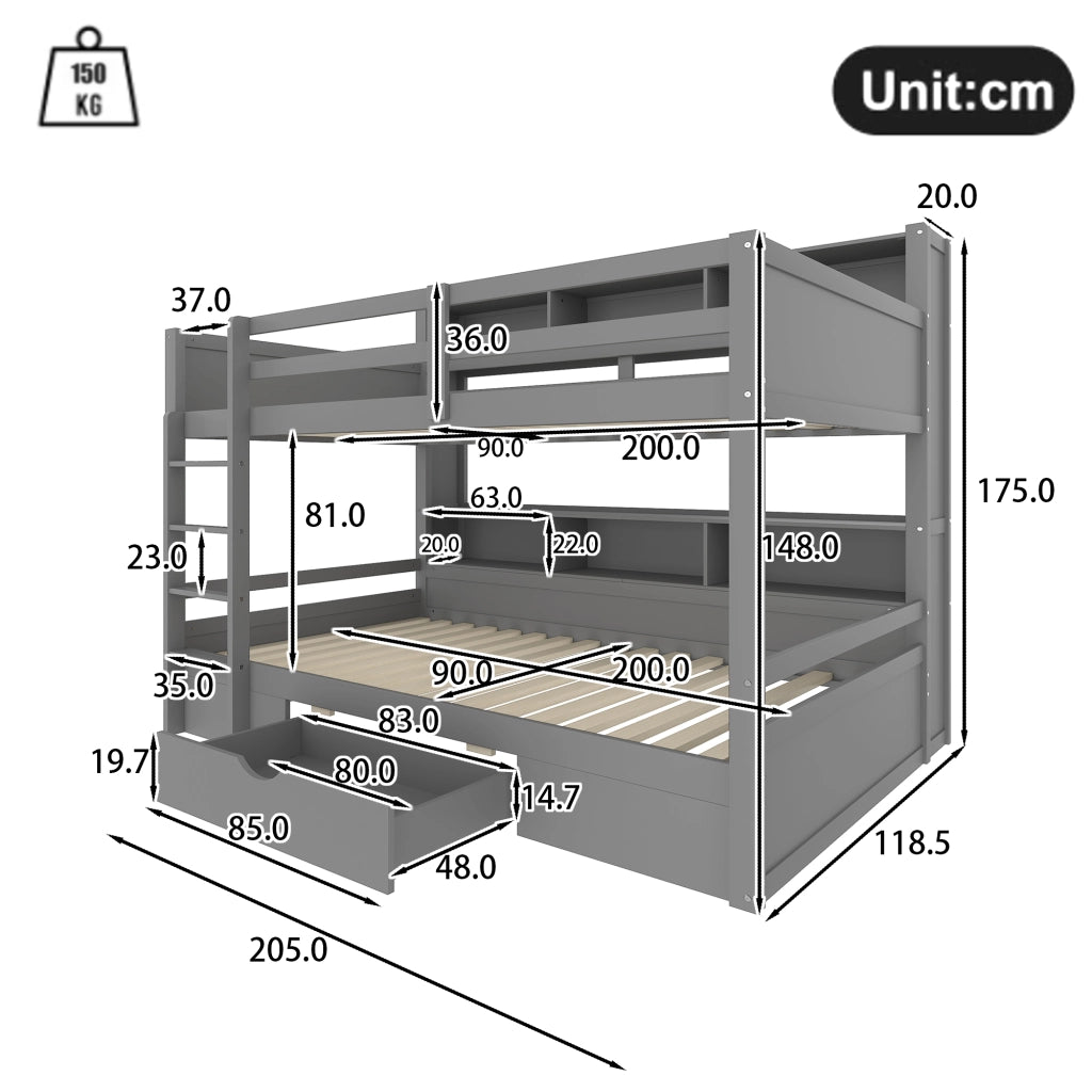 Letto a castello 90×200 cm; 3 posti con cassetto; vani portaoggetti; senza materasso; in pino grigio