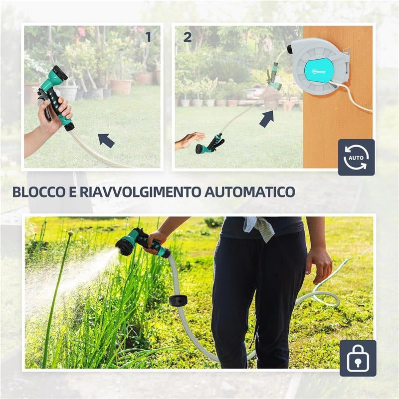 AVVOLGITUBO AUTOMATICO A PARETE E PORTATILE LUNGHEZZA 25+2 MT SISTEMA DI BLOCCO E 7 GETTI GRIGIO