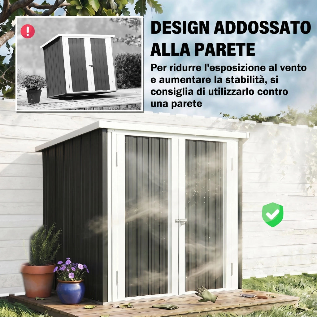 Casetta da Giardino in Lamiera di Acciaio con Doppia Porta, 147x86x134 cm, Nero e Bianco