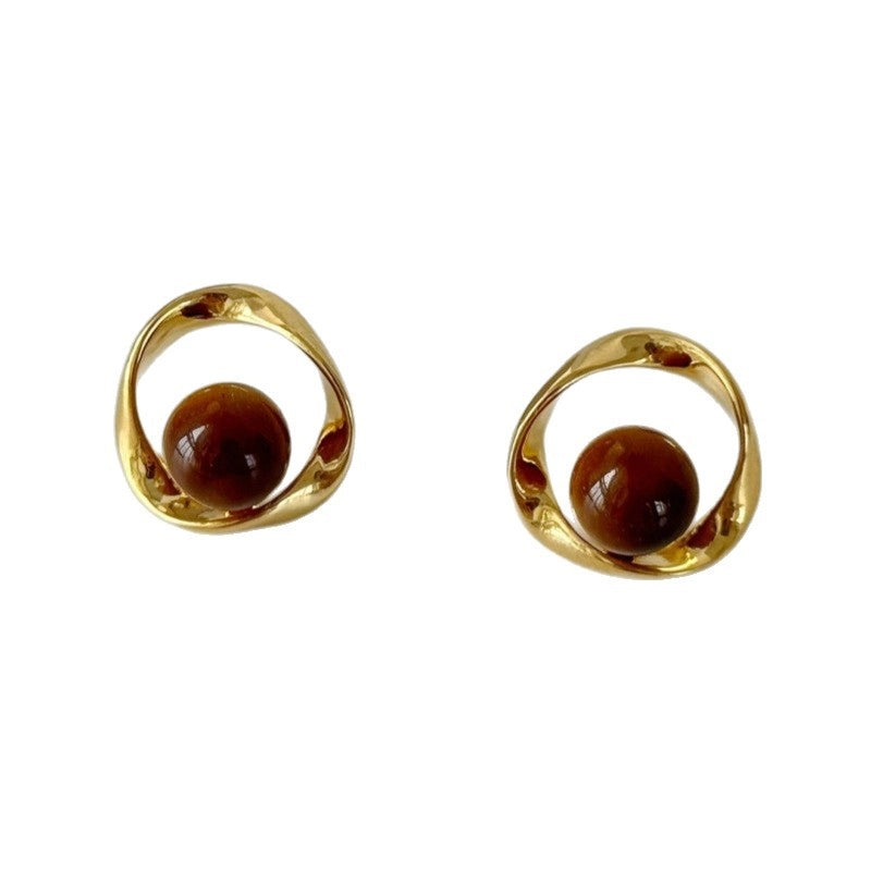 Orecchini a perno a cerchio cavo in metallo con occhio di tigre, un lussuoso stile retr¨° per donna.