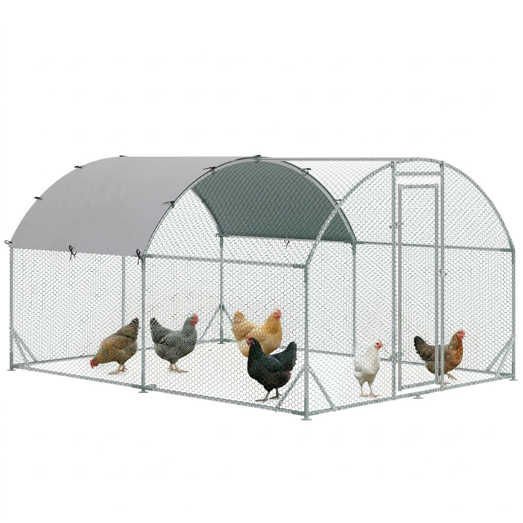 Recinto per Galline in Metallo Galvanizzato con Tetto e Copertura Anti UV, 280x380x197 cm, Argento