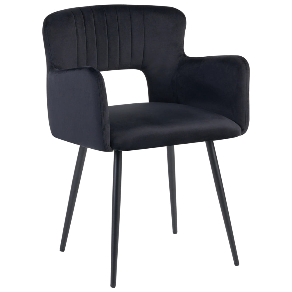 Set di 2 sedie da pranzo velluto nero braccioli schienale intagliato gambe in metallo moderna industriale