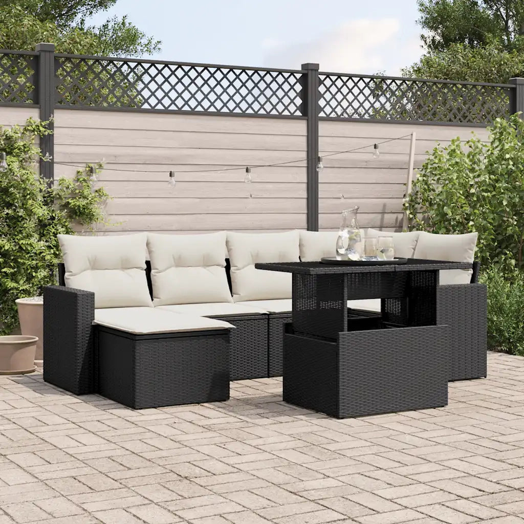 Set Divani da Giardino con Cuscini 7pz Nero Polyrattan
