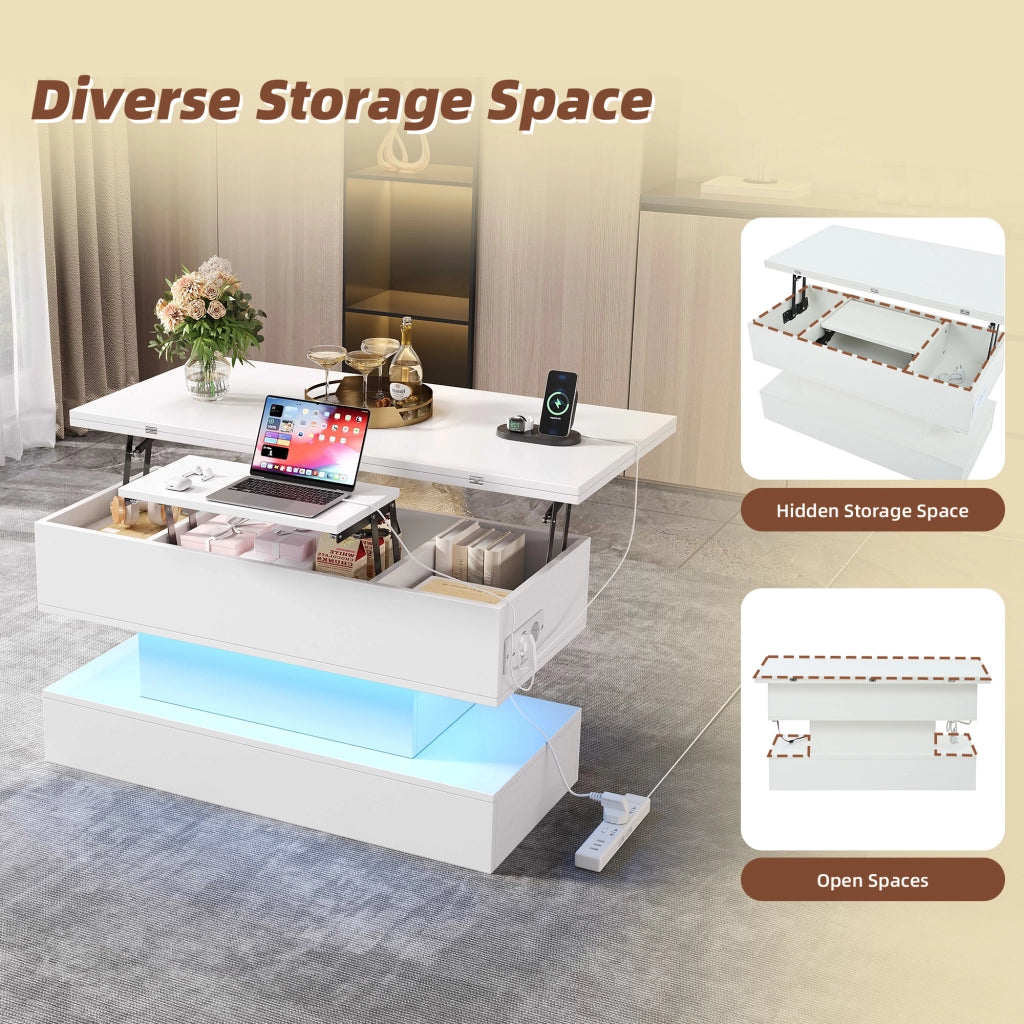 Tavolino da caffè alzabile con LED e vano contenitore - per soggiorno - in truciolare - 100x50x51.5 cm - bianco