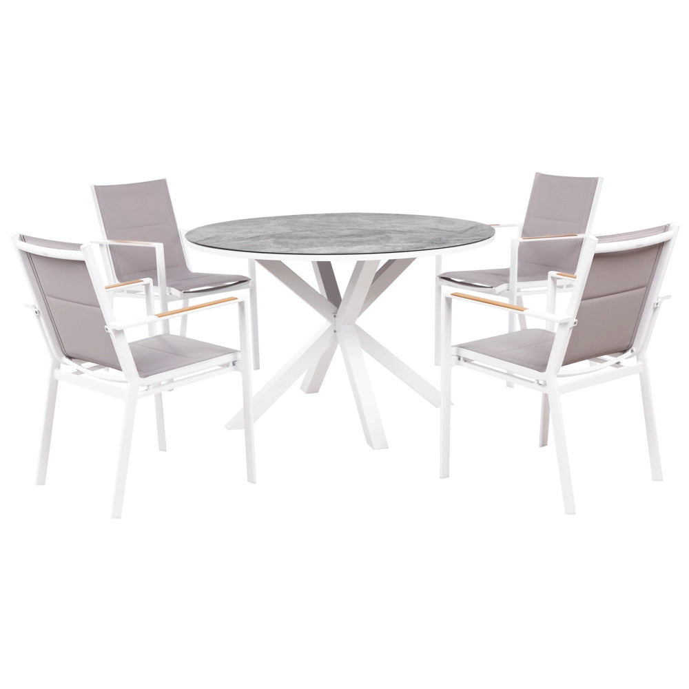 Set da pranzo 4 posti composto da tavolo in alluminio con piano in vetro ceramico grigio e sedie con cuscini grigi giardino terrazzo elegante