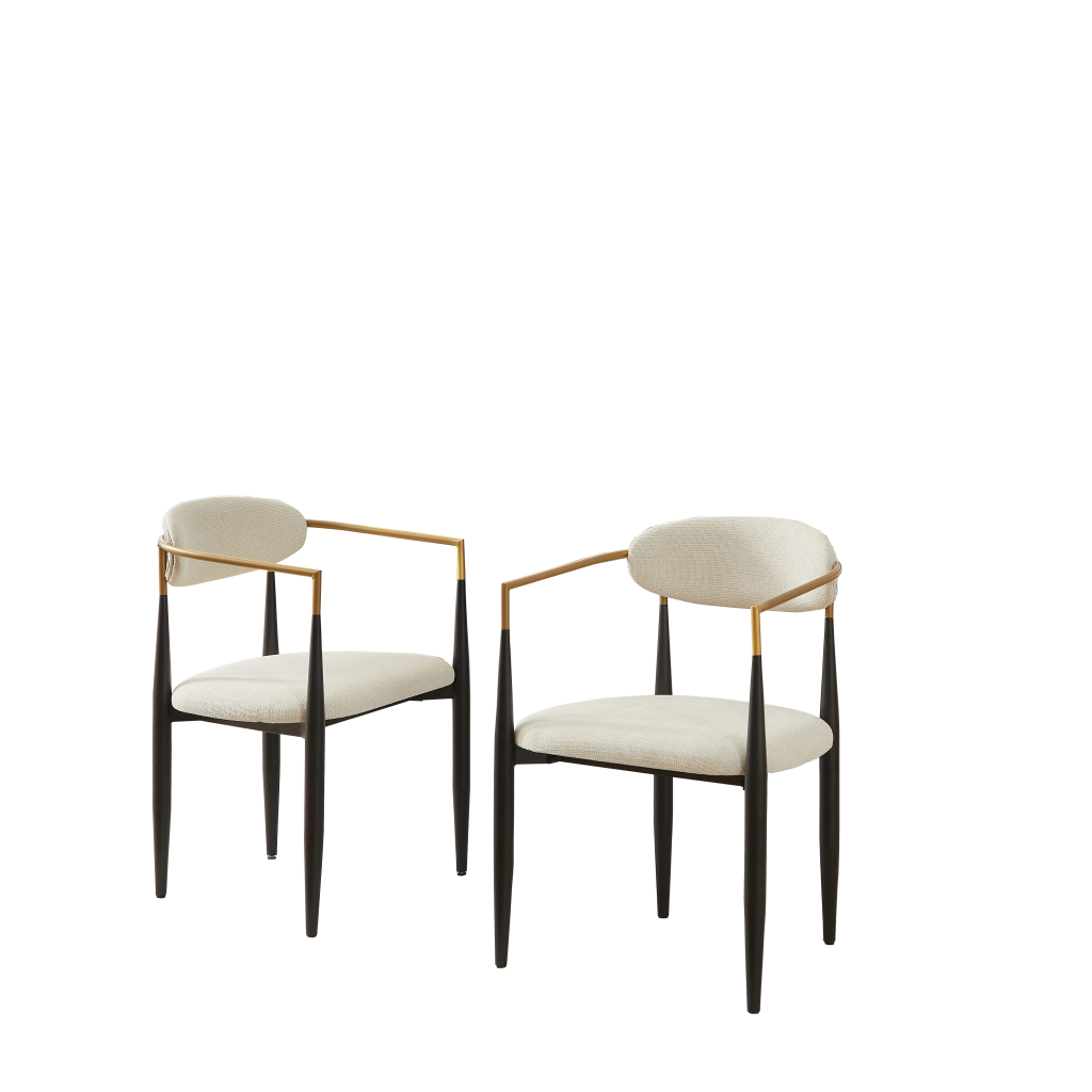 Chaise da pranzo in tessuto con struttura in metallo nero e dettagli oro, cuscini beige, braccioli