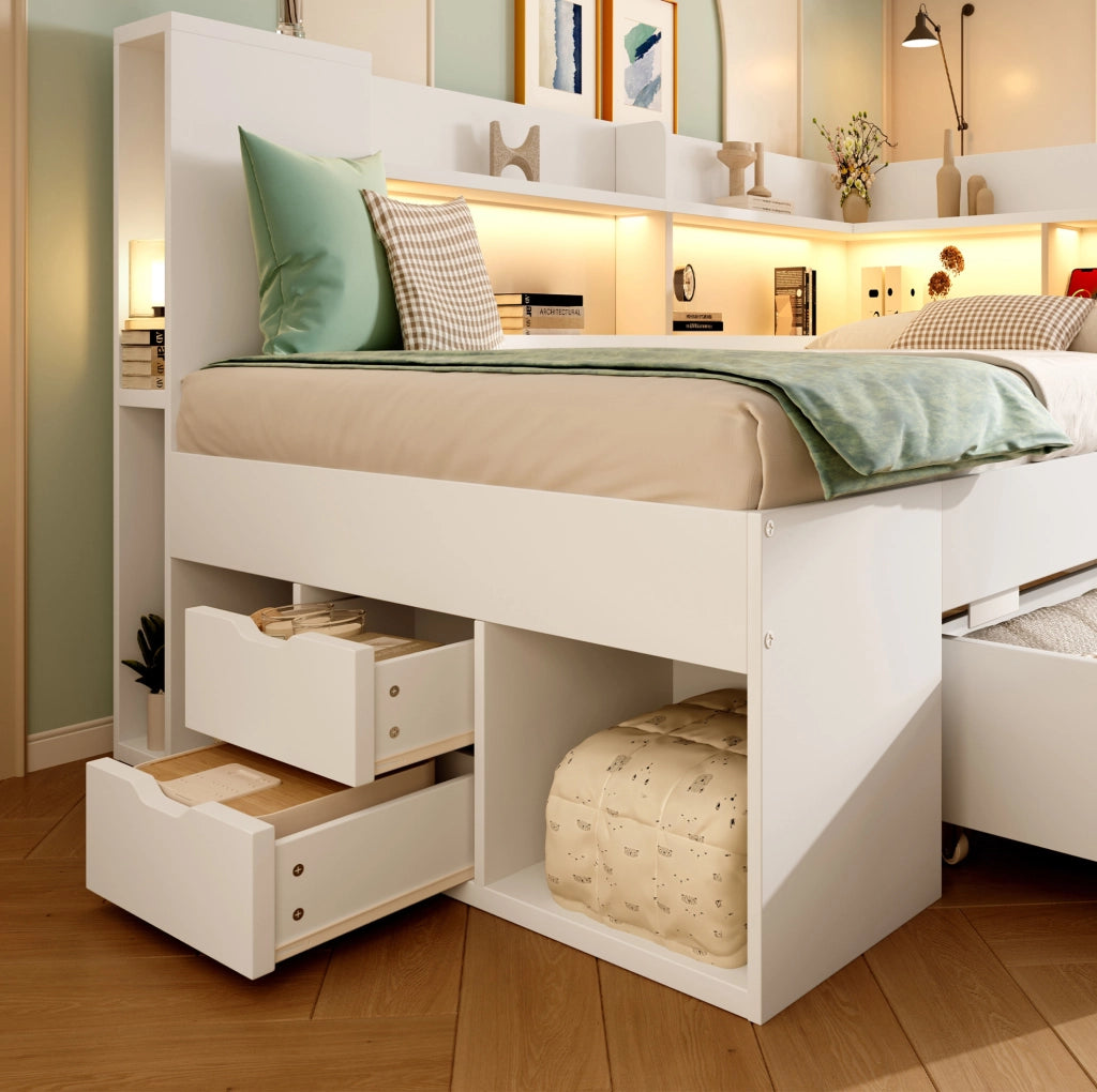 Divano letto 90x200 cm bianco con LED; USB e Type-C; ripiani e cassetti in legno