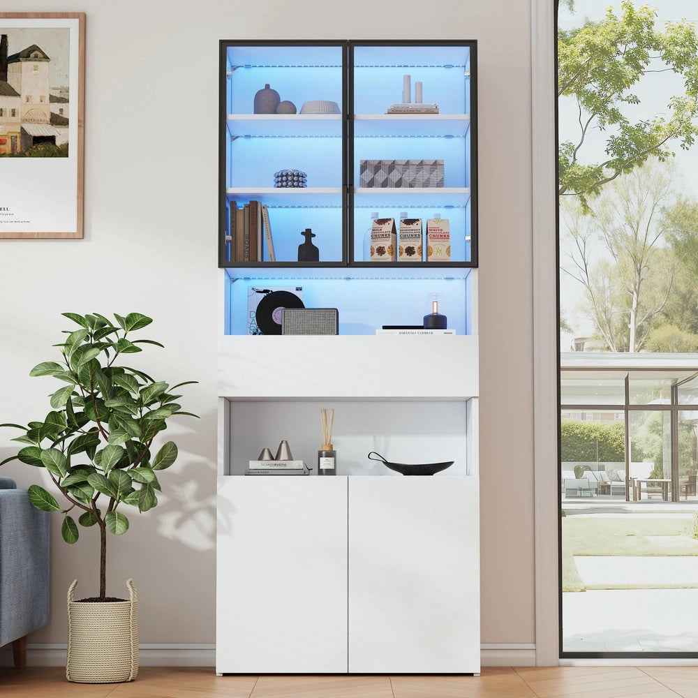 Libreria Vetrina con Cassetti, Ante in Vetro e LED ¨C Xylo ¨C Bianco 70x30x200