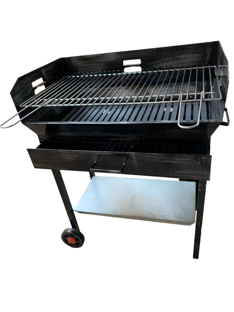 Barbecue a Legna e Carbonella in Ferro, con Ruote, Regolabile su 2 Altezze, Griglia in Acciaio, Ripiano poggia utensili 70x38 cm