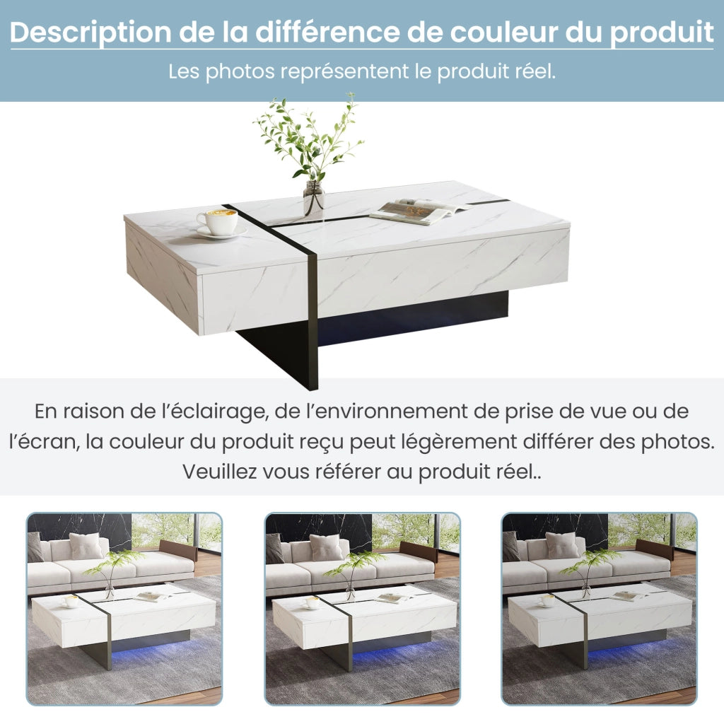 OKWISH Tavolino da Salotto Moderno con 3 Cassetti e LED tramite App, 105 x 60 x 35 cm, Pannelli di Truciolare, Bianco
