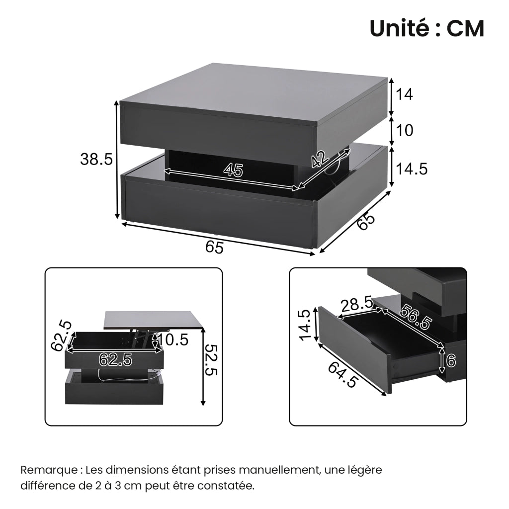 Tavolino da Salotto Alzabile Quadrato con 2 Cassetti e LED; Finitura Lucida; Vano Contenitore Nascosto; in Pannelli di Particelle; 65×65×38;5 cm; Nero