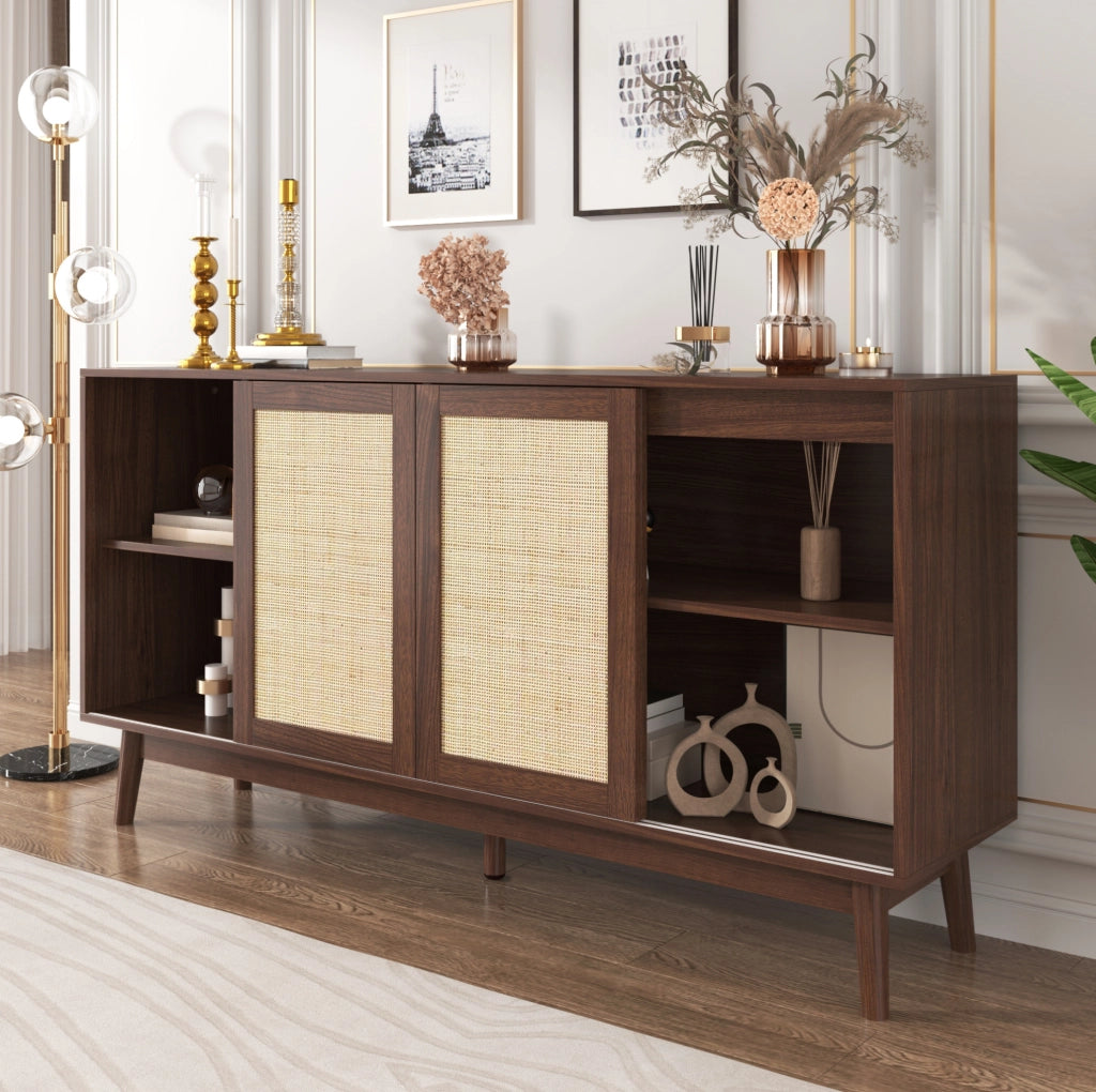 Sideboard con 3 ante scorrevoli in rattan e 2 cassetti; 155x38x80 cm; effetto legno
