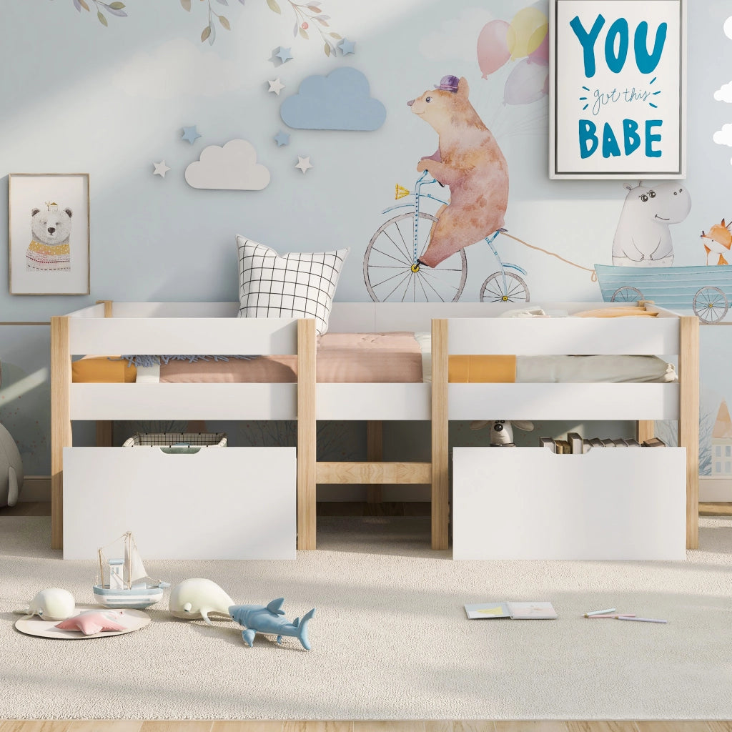 DESMIU Letto per bambini rialzato 1 posto con 2 cassetti e barriera 90 × 190 cm, senza materasso, legno massello bianco
