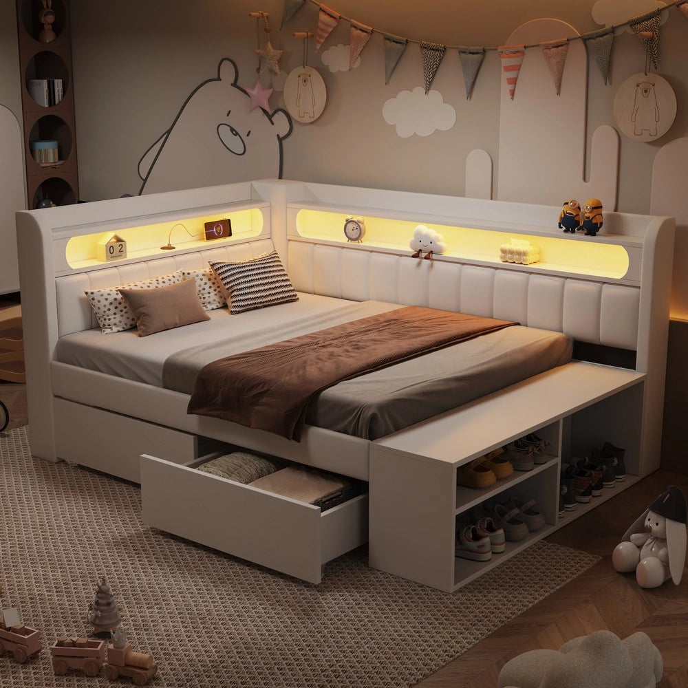 Letto Singolo Imbottito con Contenitore, USB, LED e Scarpiera ¨C Xylo ¨C Bianco 90x200