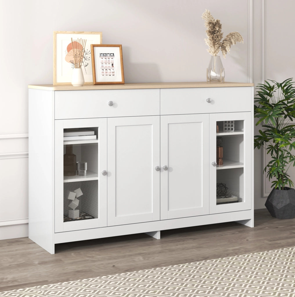 Credenza sideboard rustica 120 cm in MDF bianco e effetto legno; 2 cassetti e 4 ante