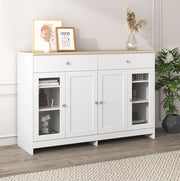 Credenza sideboard rustica 120 cm in MDF bianco e effetto legno; 2 cassetti e 4 ante