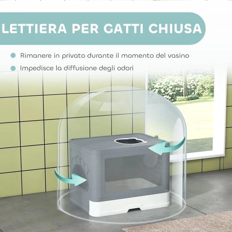 LETTIERA PER GATTI CHIUSA CON COPERCHIO E DOPPIA ENTRATA, CASSETTO ESTRAIBILE, PALETTA E SPAZZOLA, GRIGIO