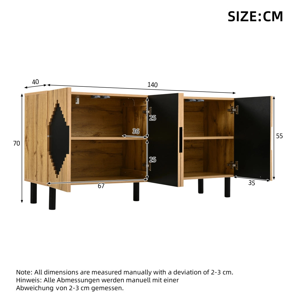 Credenza, mobile da ingresso, motivo a rombi, in truciolato e MDF, ripiani regolabili, colore legno naturale e nero