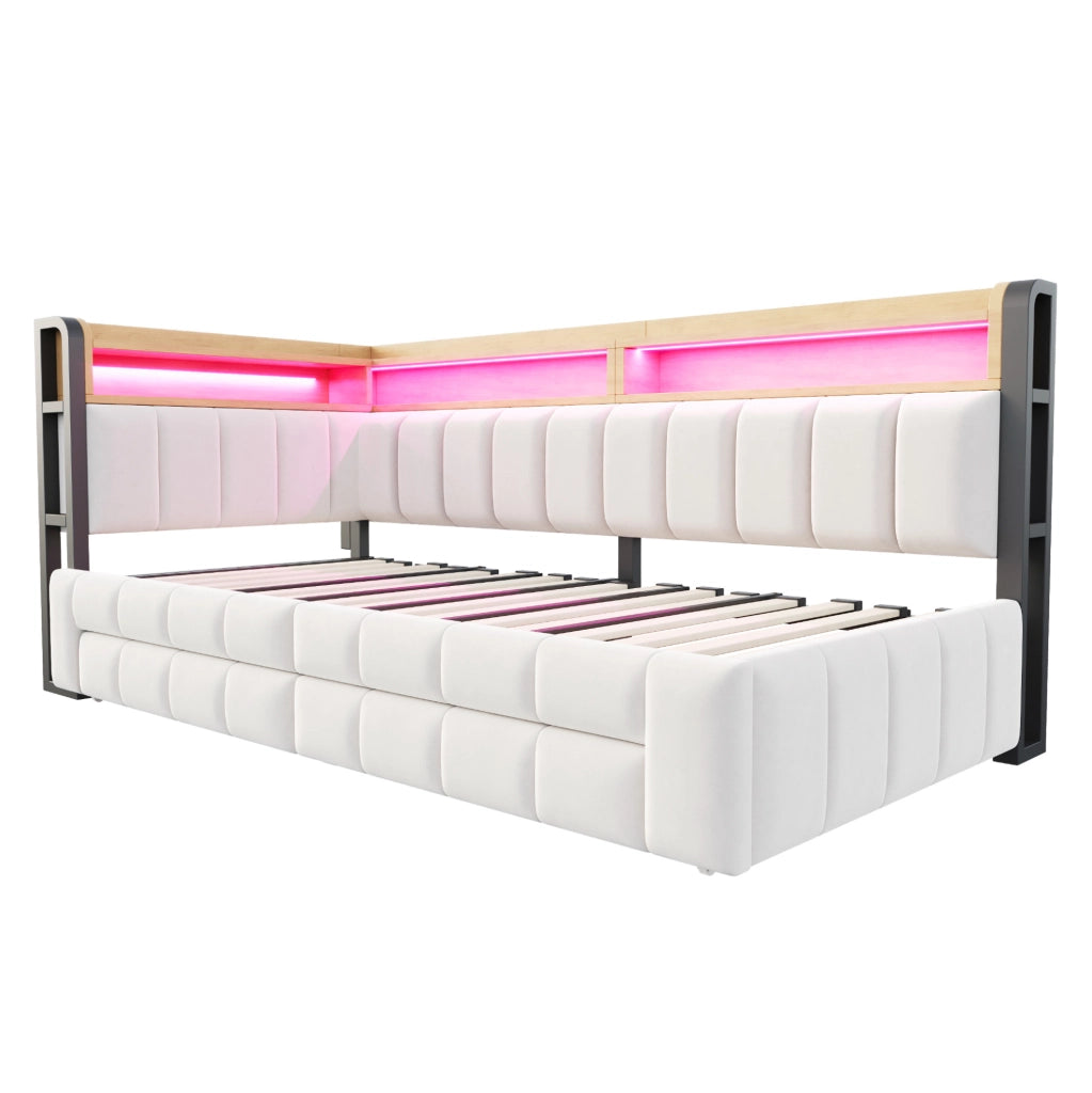 Divano letto imbottito 90/180x200 cm in velluto beige con LED; USB; Type-C e cassetti
