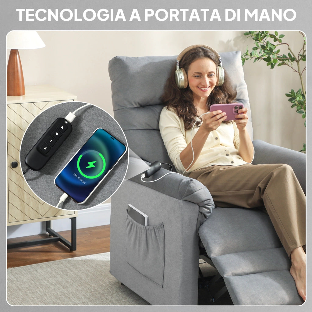 Poltrona Reclinabile con Riscaldamento, 8 Punti Massaggio e 5 Modalità 82x99x106 cm in Tessuto Effetto Velluto Grigio