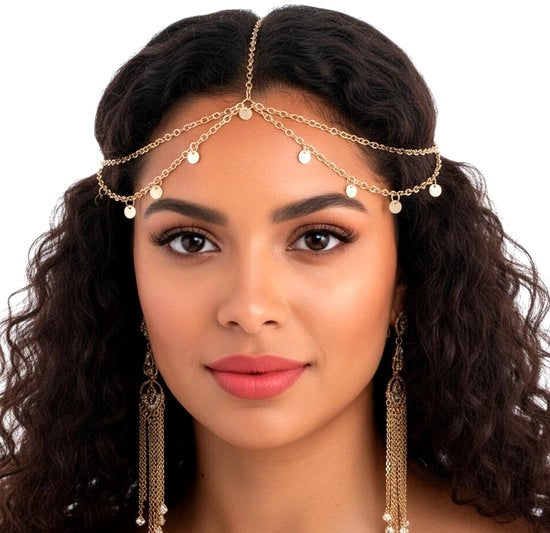 Accessorio per abbigliamento da festa con catena principale e copricapo dorato - Fascia da sposa - Accessori per capelli da cerimonia - Accessorio per costume - Catena a filigrana - Materiale duraturo