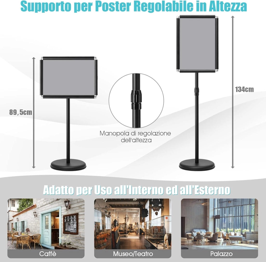 Supporto Poster Menù Stand per Pubblicità da Terra in Metallo, Girevole e Regolabile in Altezza, A4 / A3 (A3 Nero)