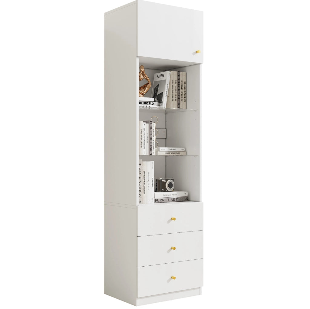 Vetrina alta bianca 50x40x180 cm in MDF e vetro con ripiani regolabili e 3 cassetti
