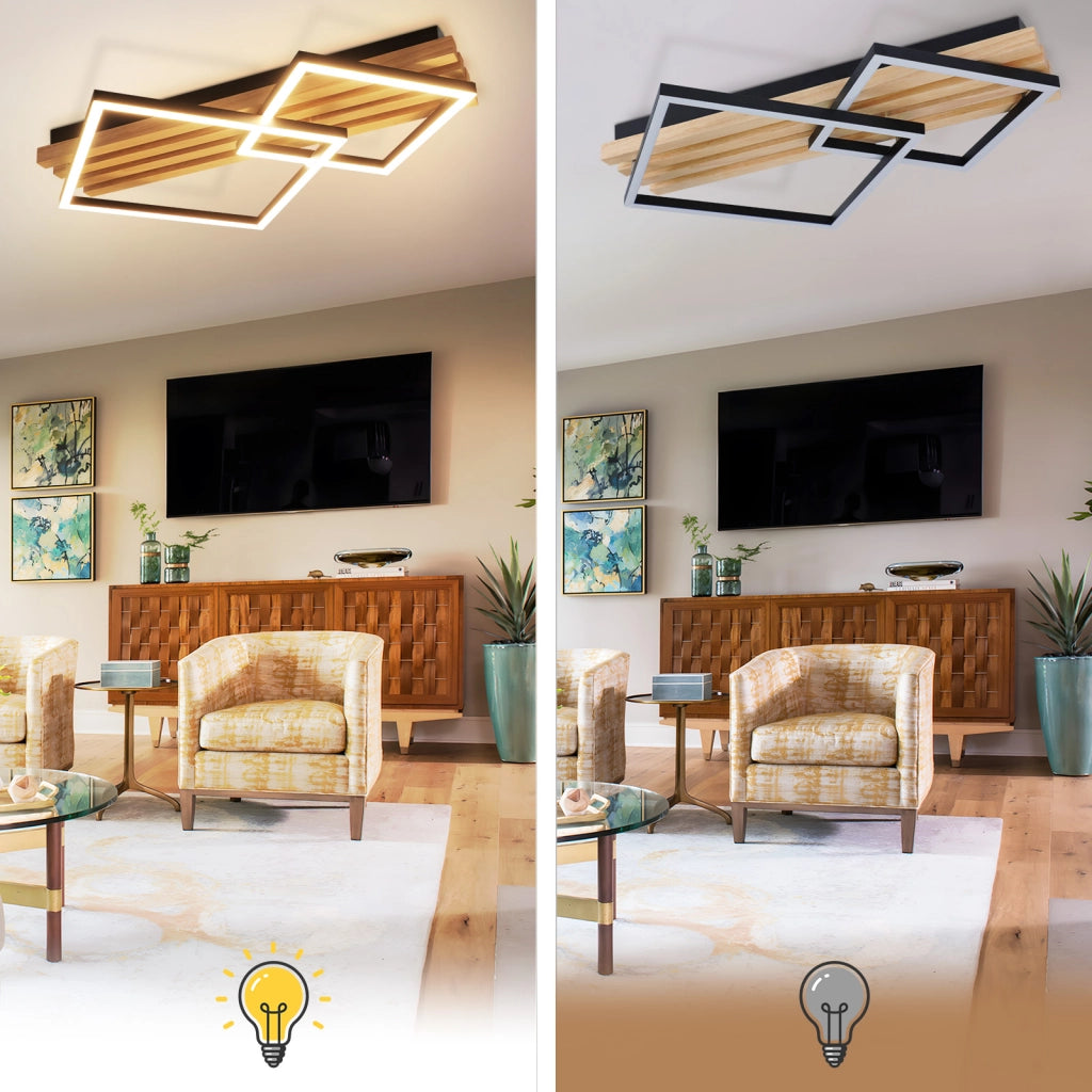 ZMH Lampada da soffitto LED in legno dimmerabile 55 cm 36W design geometrico quadrato con telecomando per camera letto