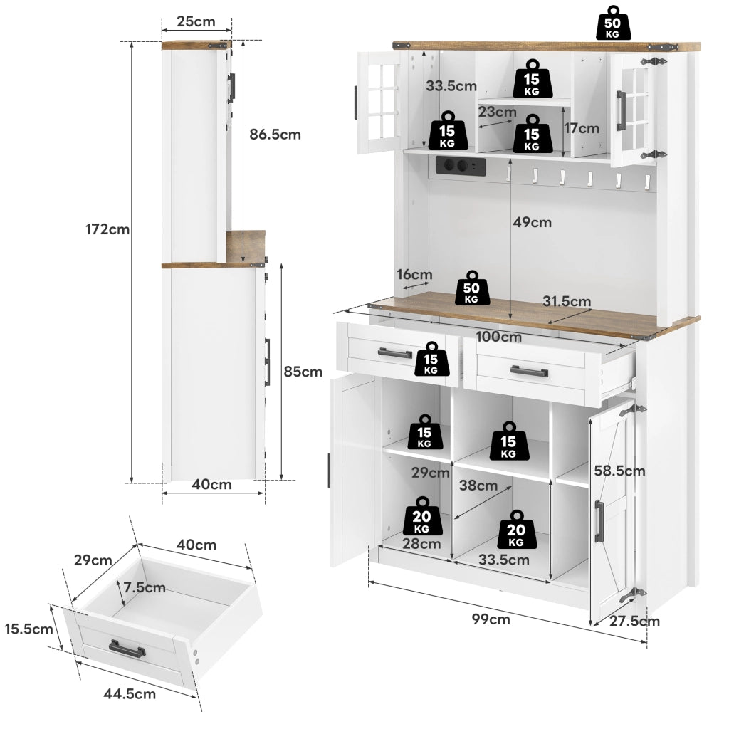 Mobile Bar con LED e Prese, Buffet Cucina con Cassetti e Ripiani ¨C MINIMAL ¨C Bianco