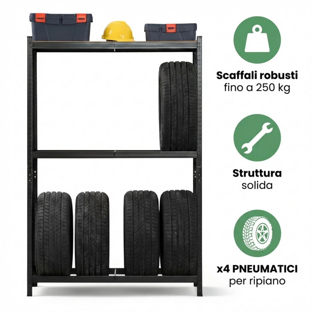 Scaffale portagomme da garage in metallo 3 ripiani Nero 120x40x180 cm