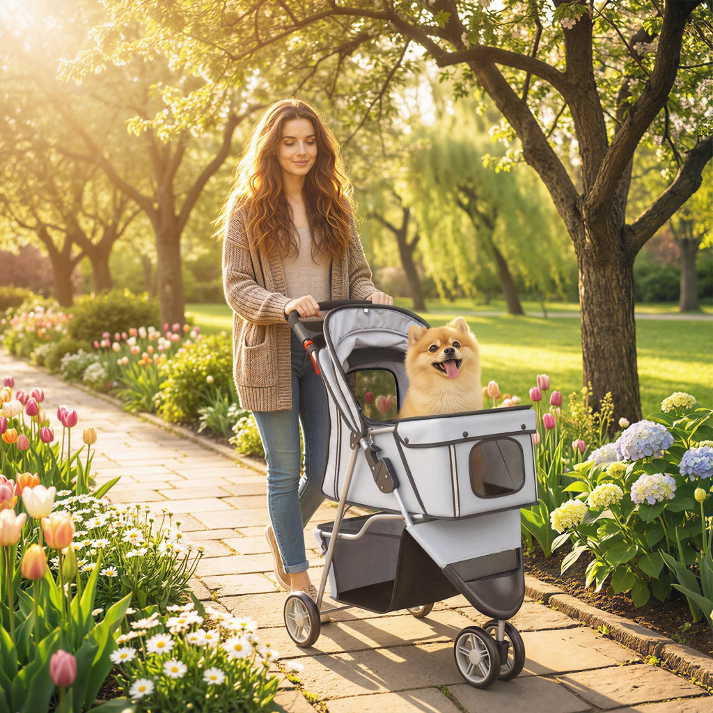 Passeggino per Cani Pieghevole ¨C Xylo ¨C con Cesto Portaoggetti e Portabicchieri, Grigio