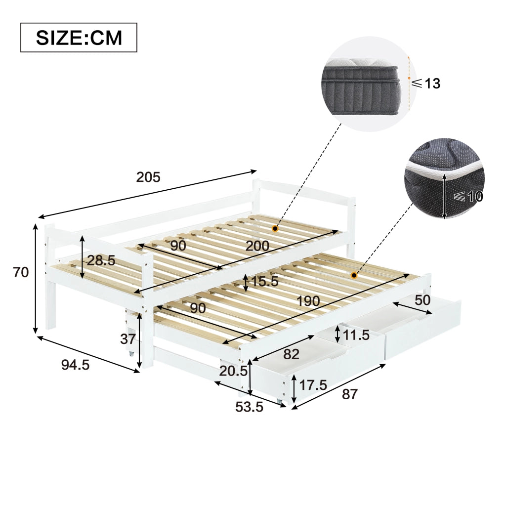 Letto a scomparsa con ruote - Zephmum- 2 cassetti MDF, telaio in legno massello, bianco (200x90/190x90cm)
