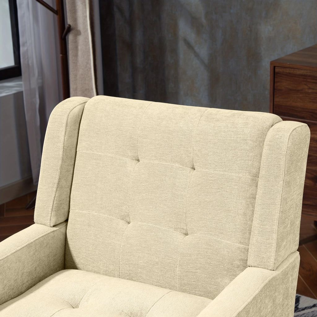 Poltrona imbottita con trapuntatura e seduta ergonomica salvaspazio per soggiorno camera o studio in lino beige