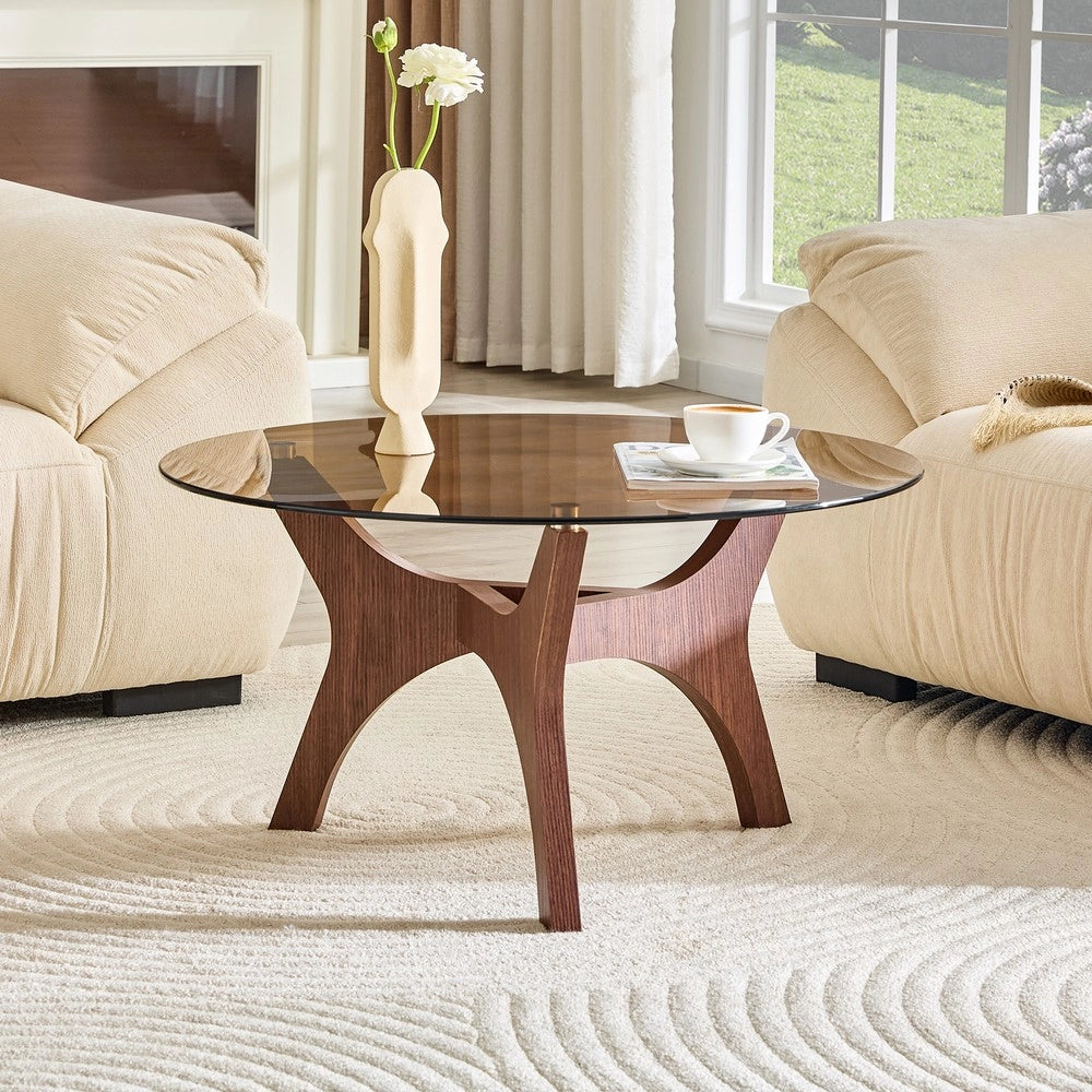Tavolino da Caff¨¨ Rotondo ¨C MINIMAL ¨C Piano in Vetro Ambra, Struttura in Legno Marrone, 80cm