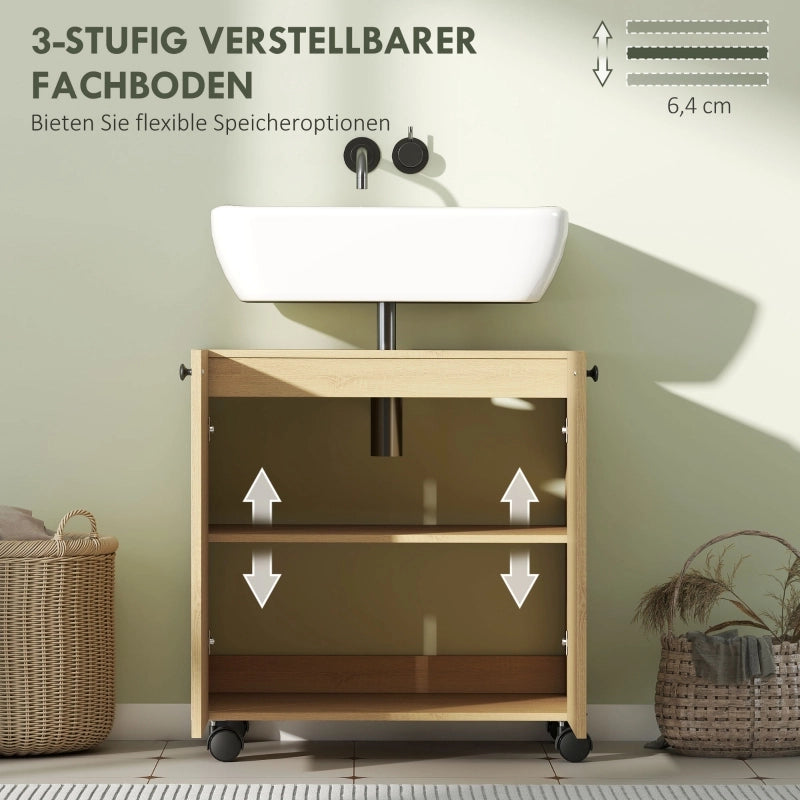 Mobiletto da bagno con ripiani a 3 livelli, ruote e struttura in legno.
