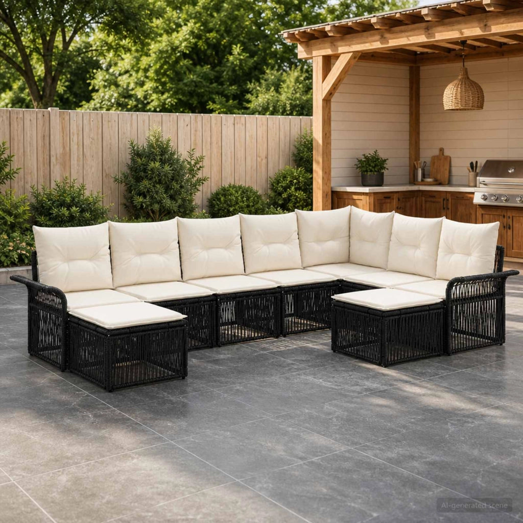 Set Divano da Giardino 9 pz Nero e Bianco Crema polyrattan 3435016
