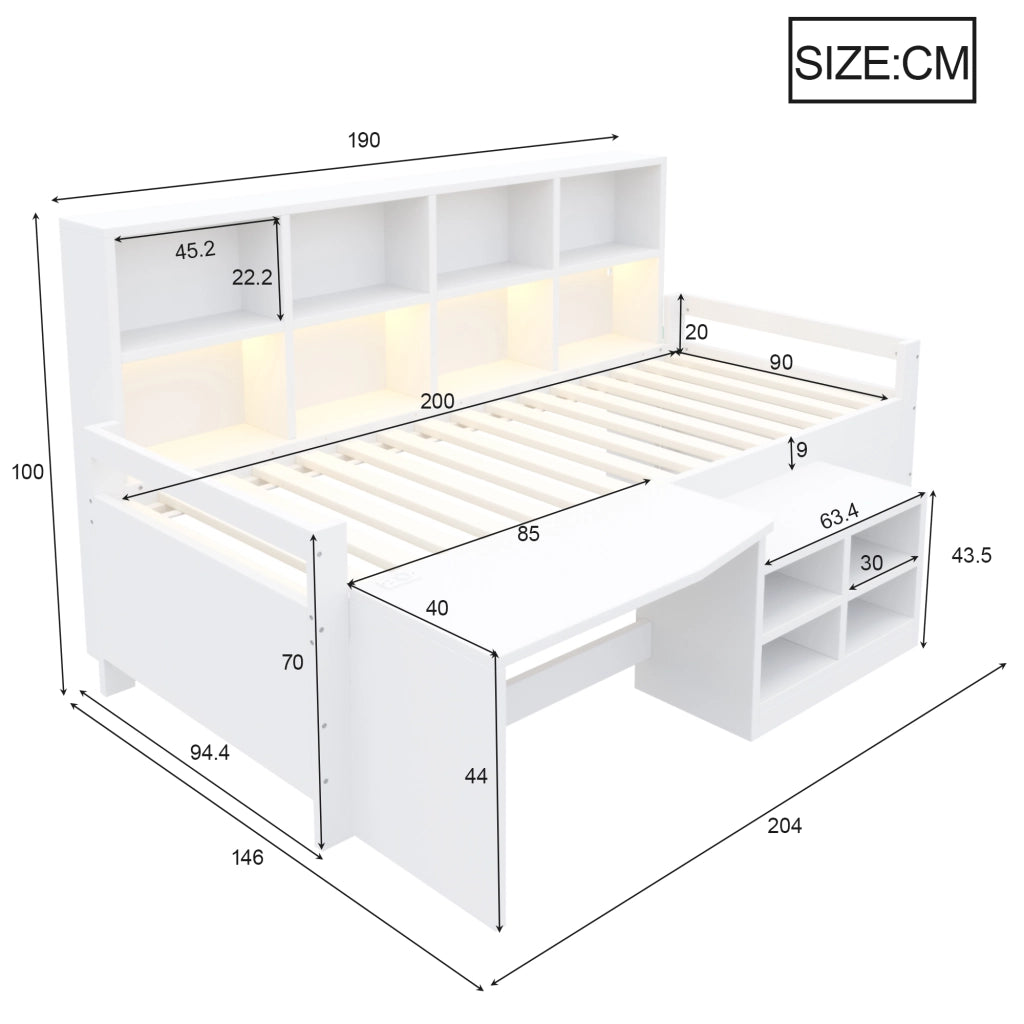 DESMIU Lit mezzanine 90 × 200 cm 1 posto con scrivania, vani contenitore, LED, USB e presa, senza materasso, bianco