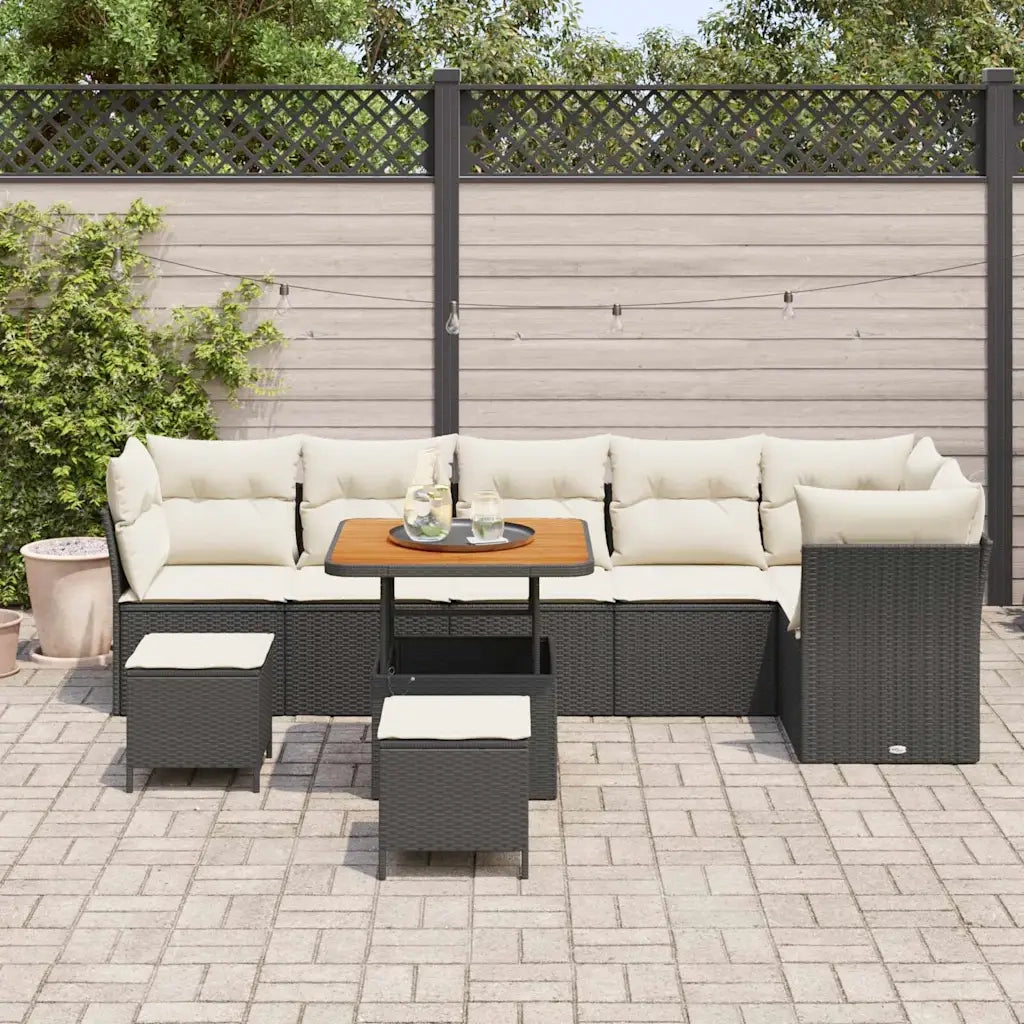 Set Divano da Giardino con cuscino 9 pcs Nero e crema