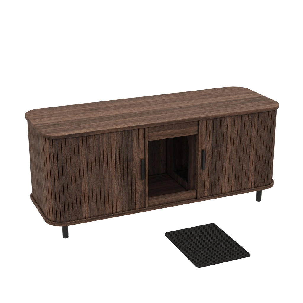 Mobile Lettiera per 2 Gatti 140×50×60 cm con 2 Porte Scorrevoli; Tappetino Raccogli Sabbia e Piedini in Metallo