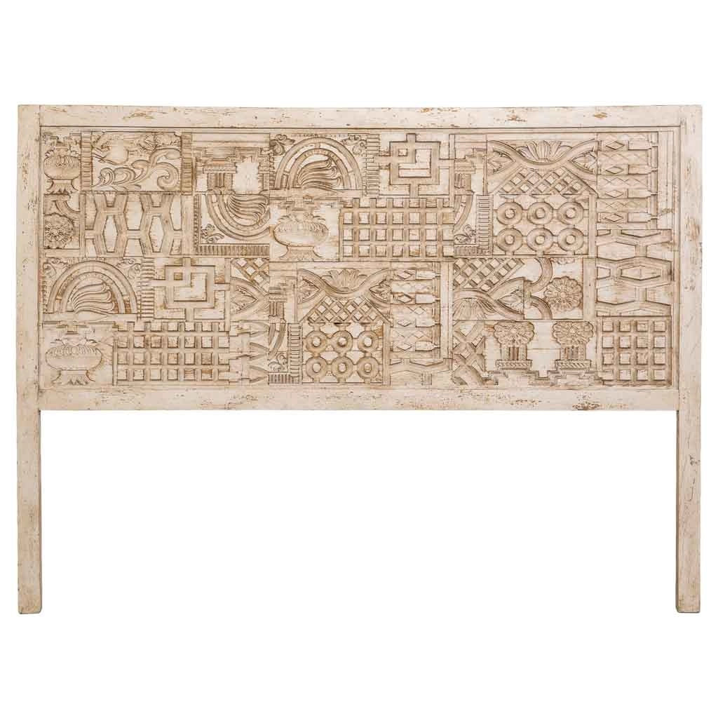 Testiera in legno beige intagliata a mano 160x3x120h cm