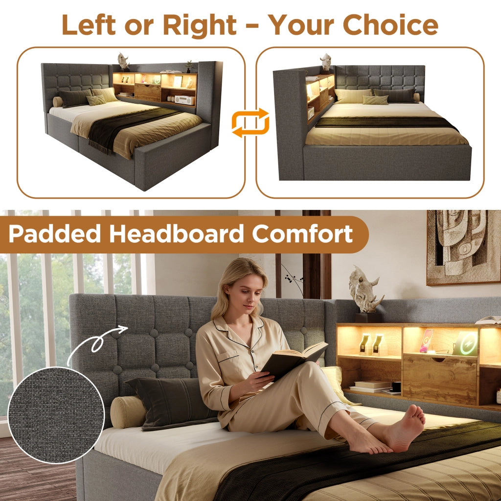 OKWISH Letto Contenitore 140×200 cm, Letto Matrimoniale con LED, USB, Tipo C e Testiera a L reversibile con ripiani, senza Materasso, Lino, Grigio